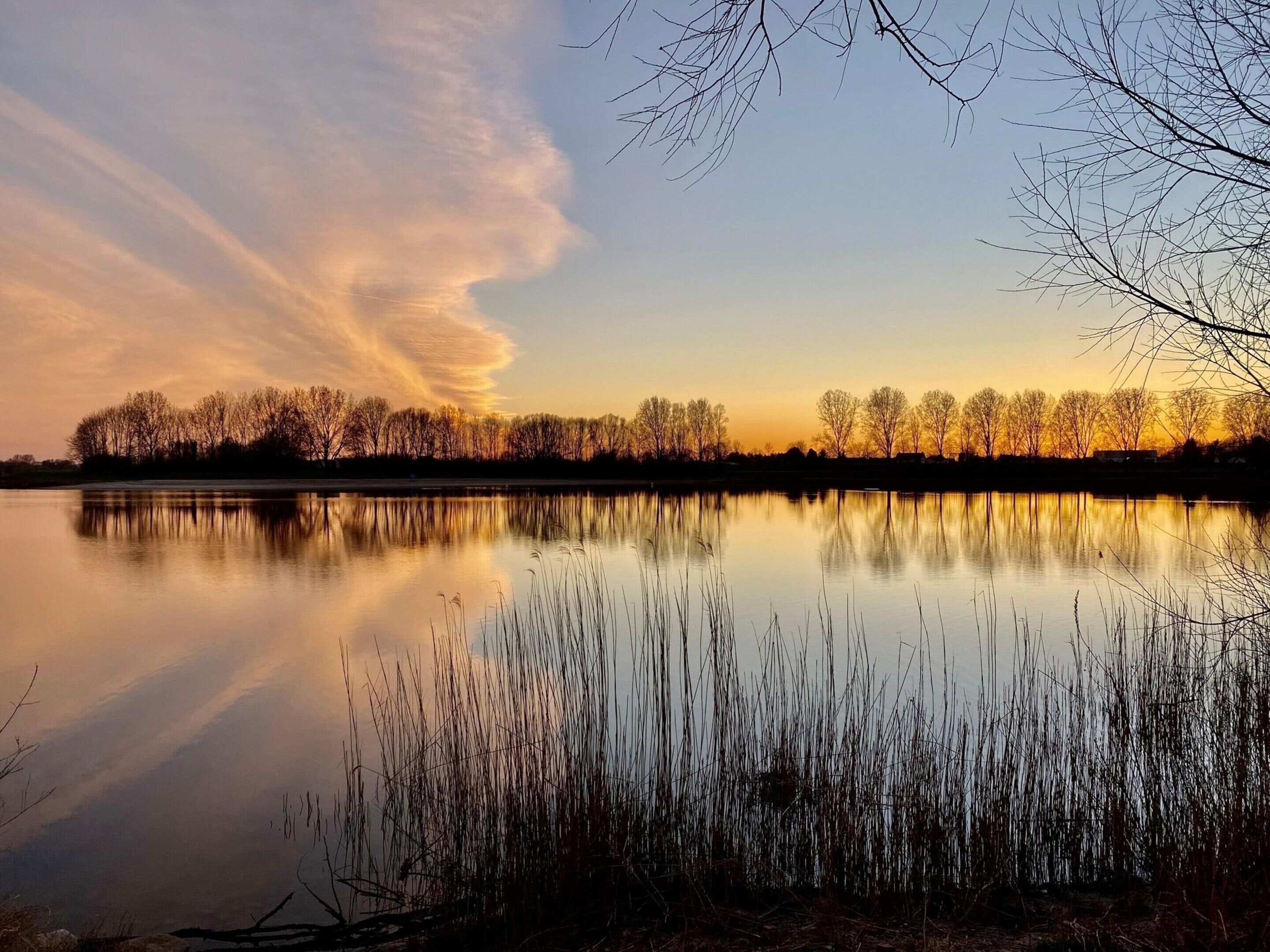 Un lac paisible où se reflètent les arbres et le ciel au coucher du soleil.