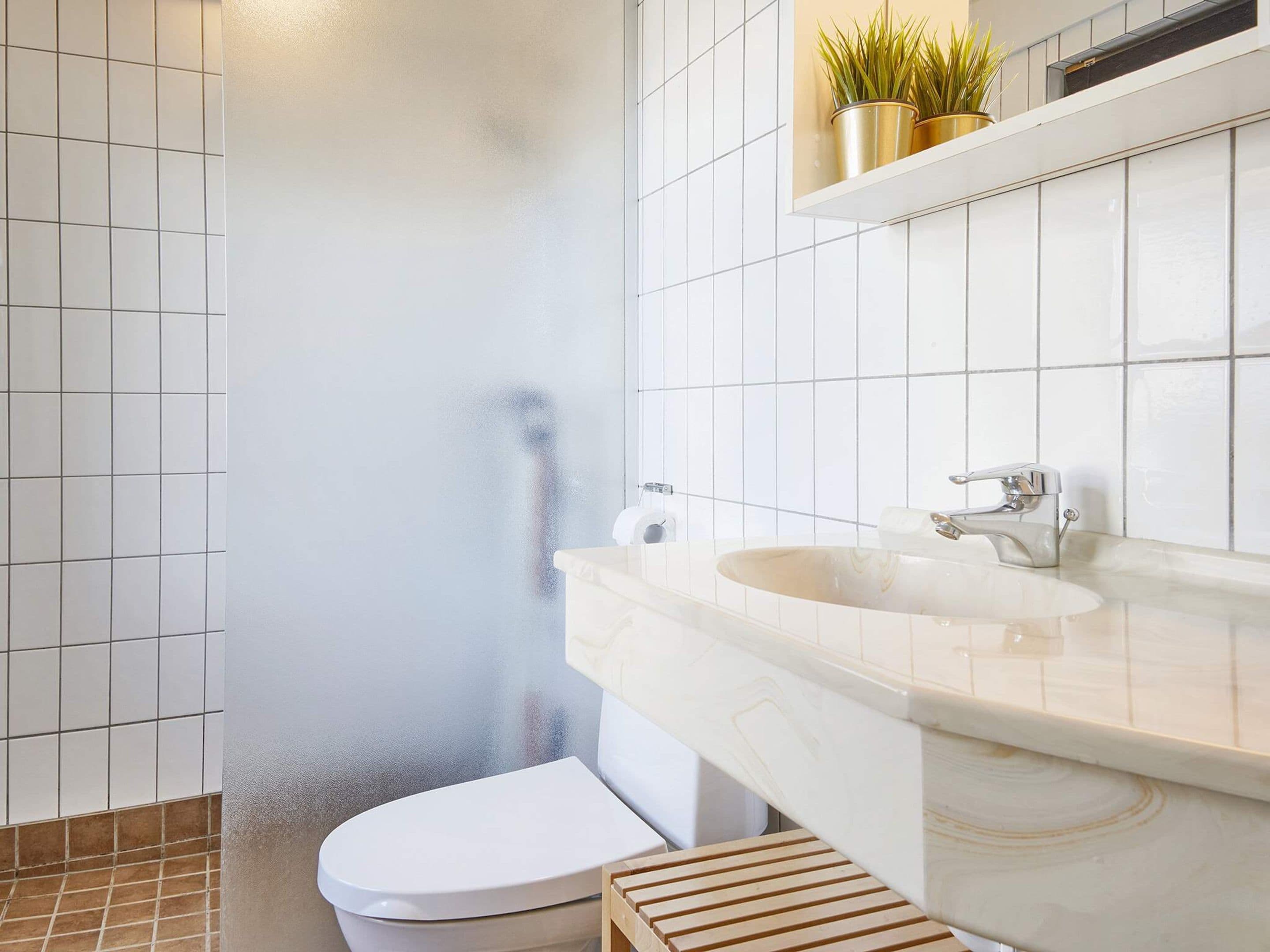 Un bany amb rajoles blanques, un vàter blanc, un lavabo amb mirall i una estant amb plantes en testos.