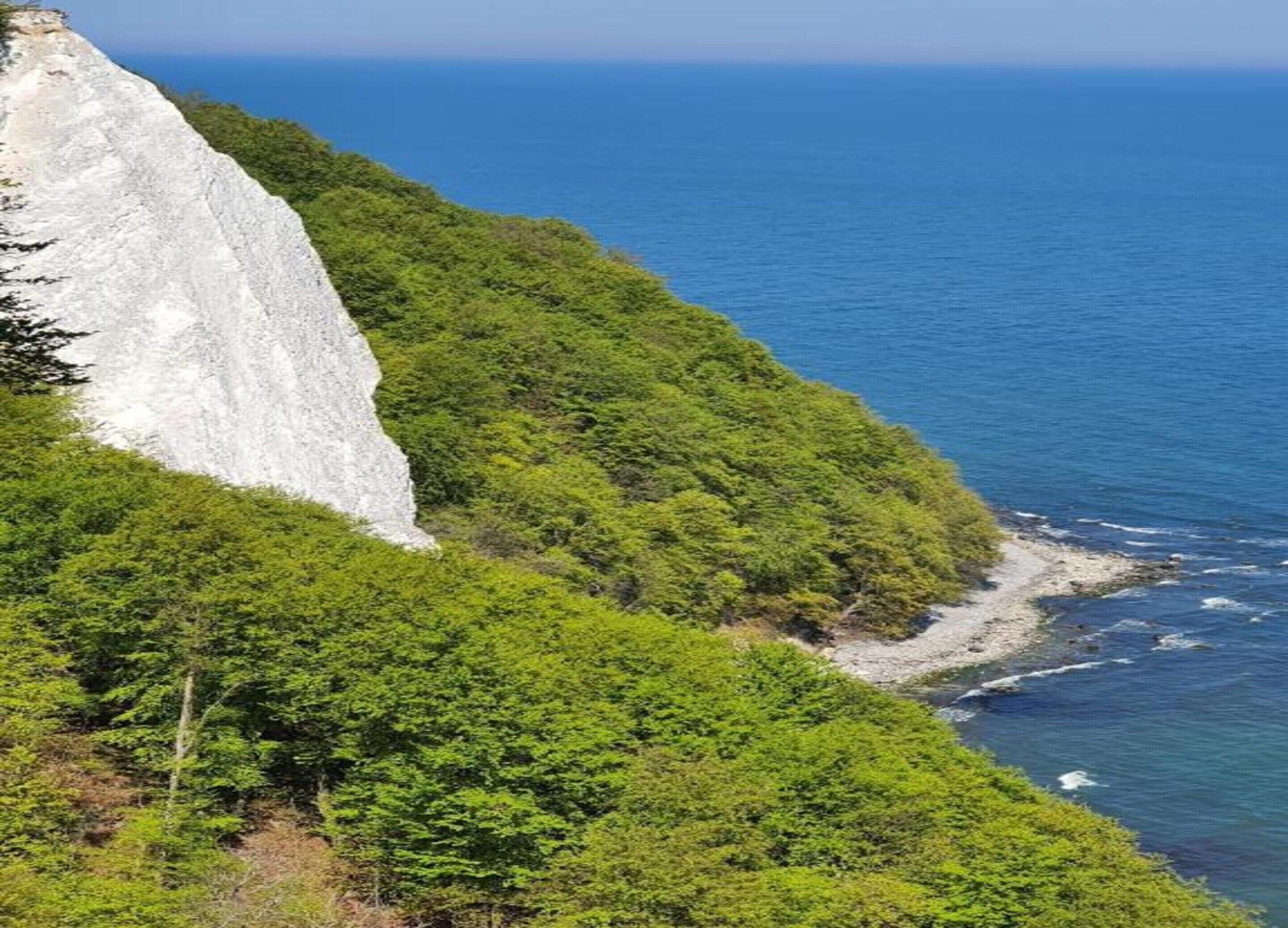 Un paisaje costero con un acantilado blanco imponente y una vegetación verde exuberante.