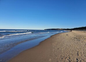 A sandy beach with gentle waves, a clear sky, and a distant shoreline with buildings.