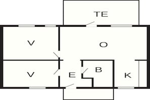 Ein Grundriss mit den beschrifteten Räumen V, O, B, K, E und TE.
