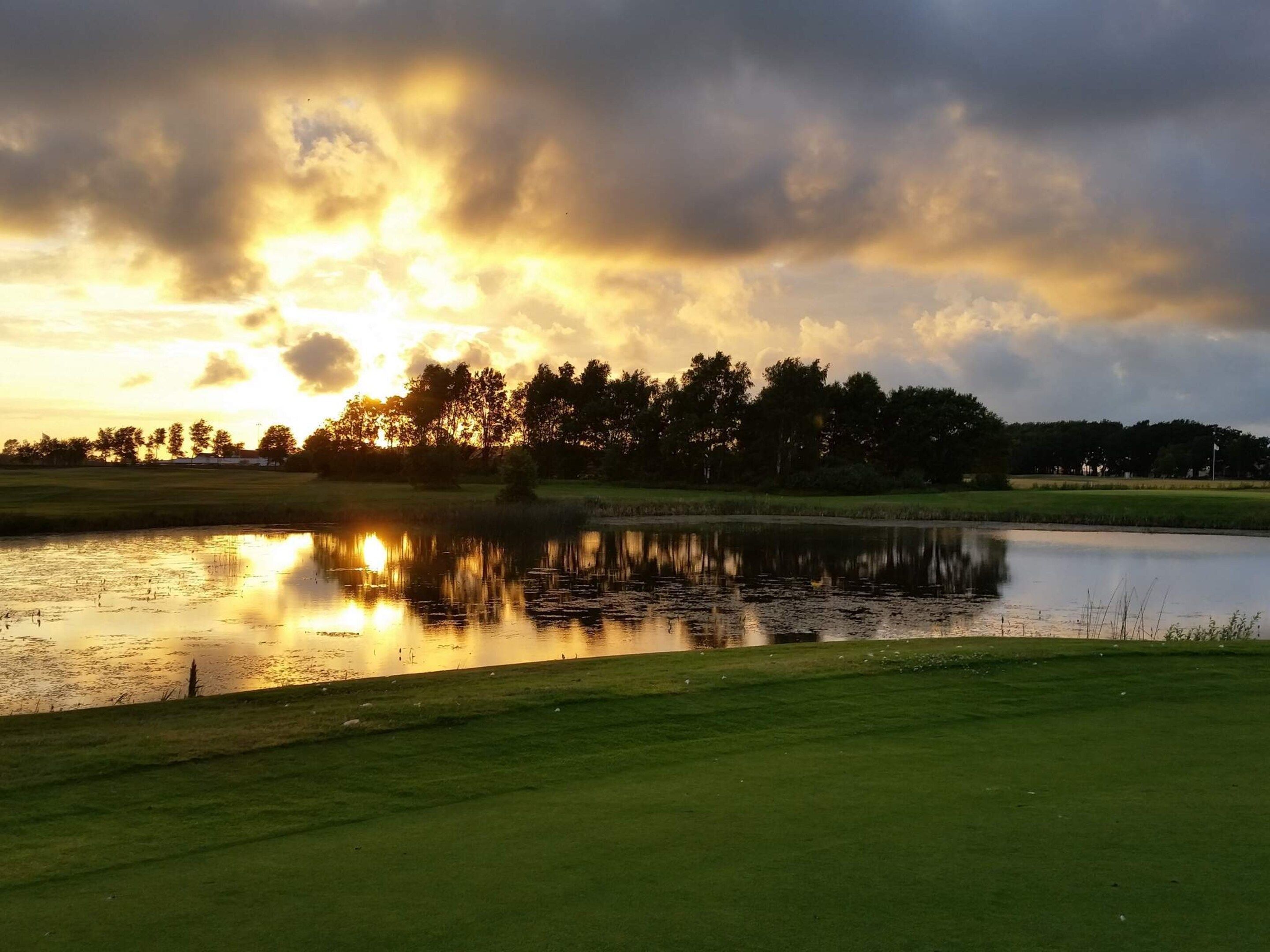 A serene landscape with a pond reflecting the sky, surrounded by a well-maintained grassy area.
