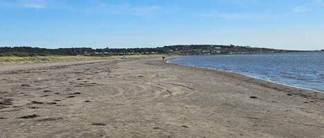 A sandy beach with footprints and tire tracks, a calm sea, and a distant shoreline with buildings.
