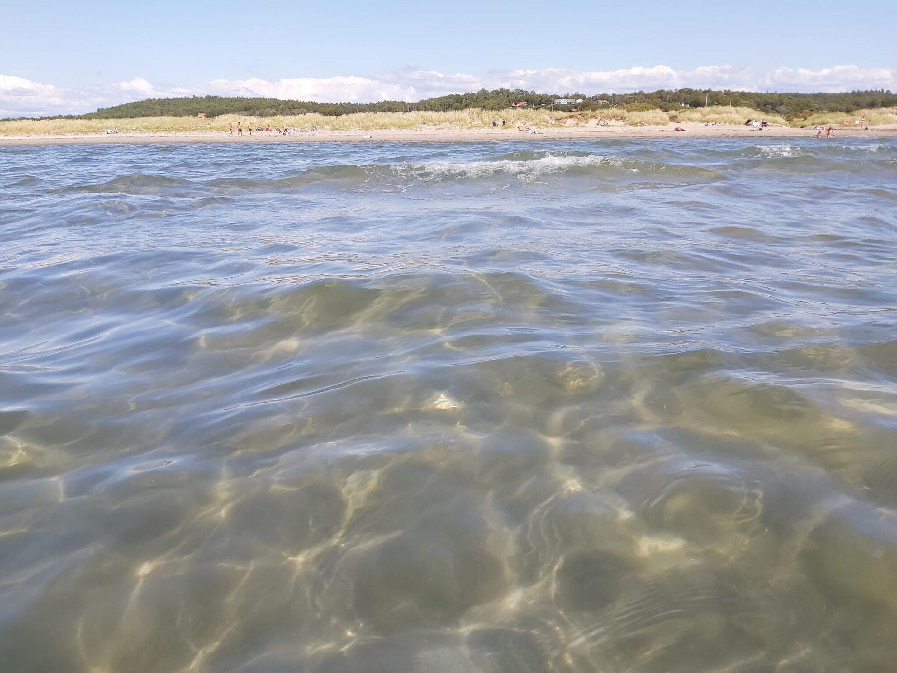 Uma praia com águas cristalinas e uma linha costeira distante.
