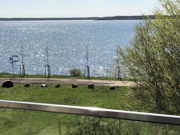 A lakeside view with a metal railing, a grassy area, and a distant shoreline with trees and wind turbines. - Holiday Home Yuna Comfortable Vacation Home (Alt Schwerin)