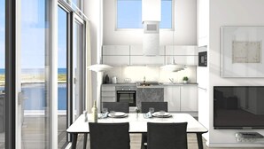 A modern kitchen with a dining area, large windows, and a flat-screen TV. - Holiday Home in Wendtorf (Wendtorf)