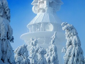 A snow-covered structure with a dome and spire, surrounded by snow-laden trees. - Koferl Modern Retreat (Fichtelberg)