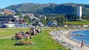 Eine Küstenlandschaft mit einer Wiese, Picknicktischen und einem Strand.