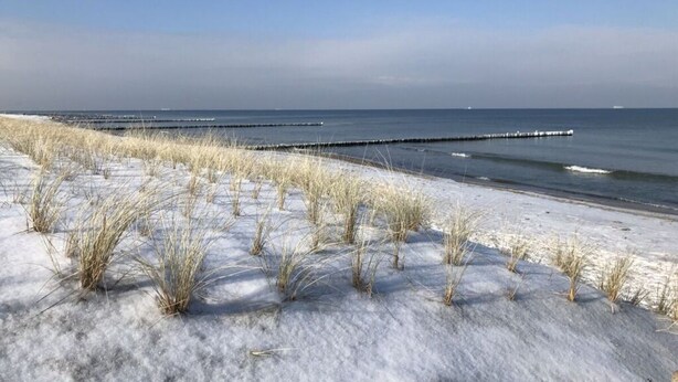 A snowy beach with dunes and a pier extending into the water. - Holiday Home Windfluchter (Graal Mueritz)