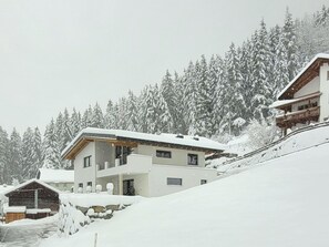 A modern chalet with a sloped roof, surrounded by snow-covered trees. - New Apartment in the Beautiful Pitztal (Sankt Leonhard im Pitztal)