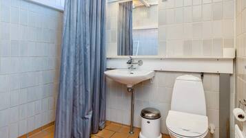 A bathroom with a toilet, sink, and trash bin.