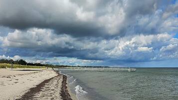 A beach with a sandy shore, a pier extending into the water, and a cloudy sky.