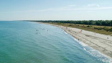 A beach with clear water, a sandy shore, and a forested area in the background.
