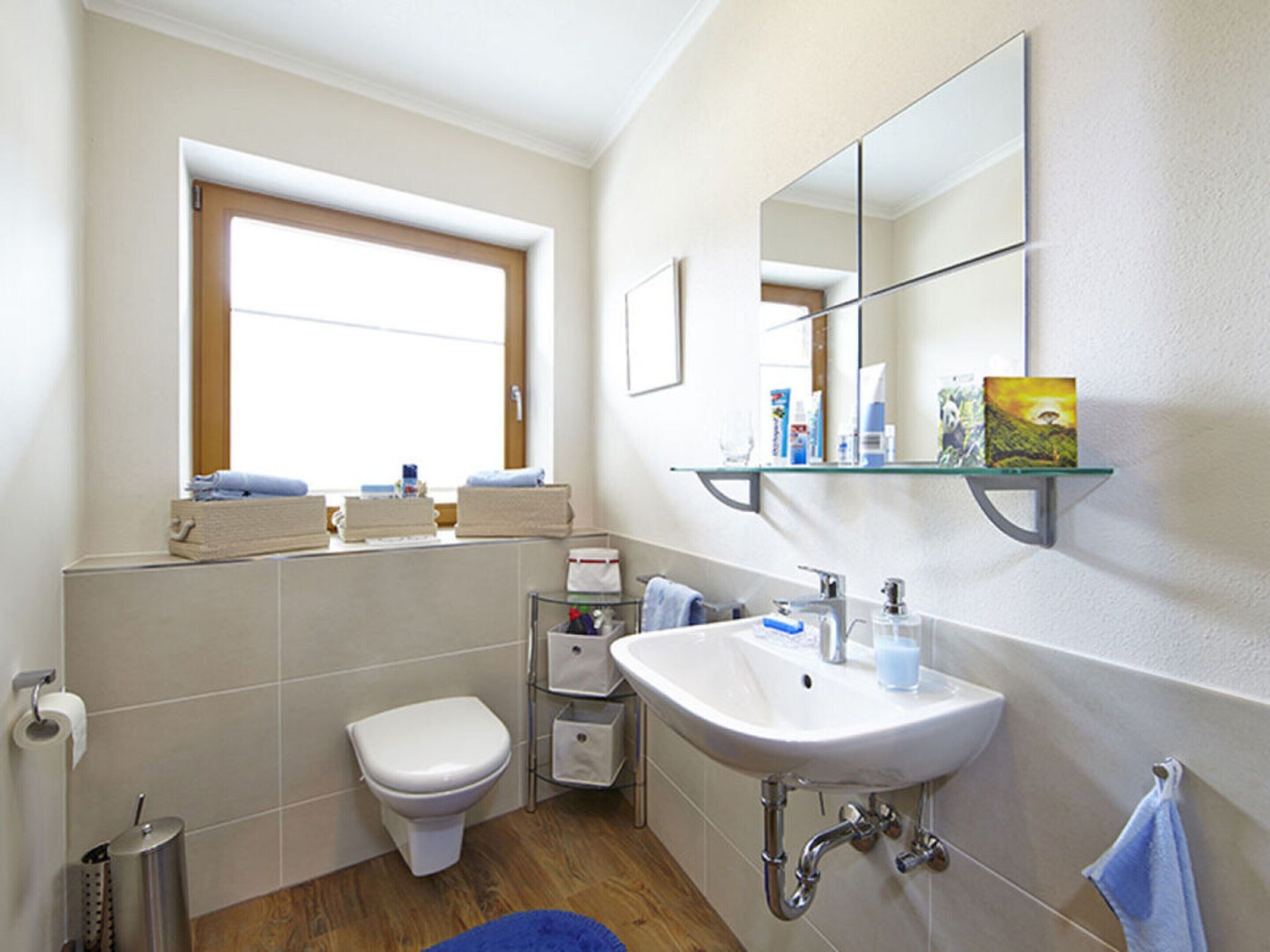 Een badkamer met toilet, wastafel en raam. Handdoekrek en een plank met toiletartikelen.
