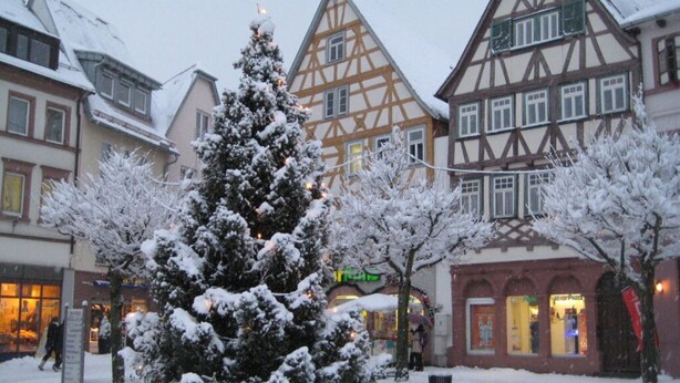 A snow-covered town square with traditional half-timbered buildings and a large Christmas tree in the center. - Holiday Apartment Old Town Hall (Tauberbischofsheim)