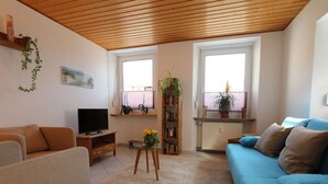 A living room with a television, sofa, and a coffee table. There are two windows and a radiator. - Holiday Apartment Old Town Hall (Tauberbischofsheim)