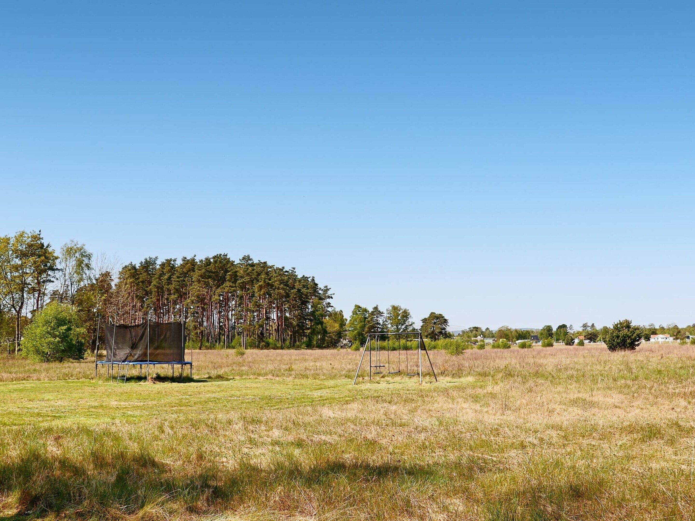 Eine offene Wiese mit Trampolin und Schaukel, umgeben von Bäumen und Häusern in der Ferne.