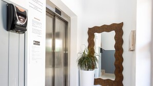En moderne elevator med håndspritdispenser, et stort spejl med træramme og en potteplante.
