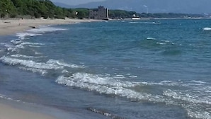 A beach with waves, a building, and a forested hill in the background.
