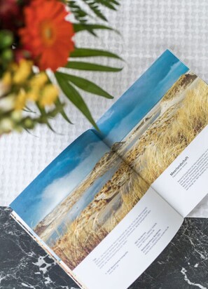 Um livro aberto com uma página exibindo uma imagem de paisagem e texto.