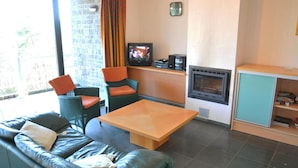 A living room with a sofa, chairs, a coffee table, a television, a fireplace, and a bookshelf. - House in Belgium With Pool Near Les Jardins du Golf (Durbuy)