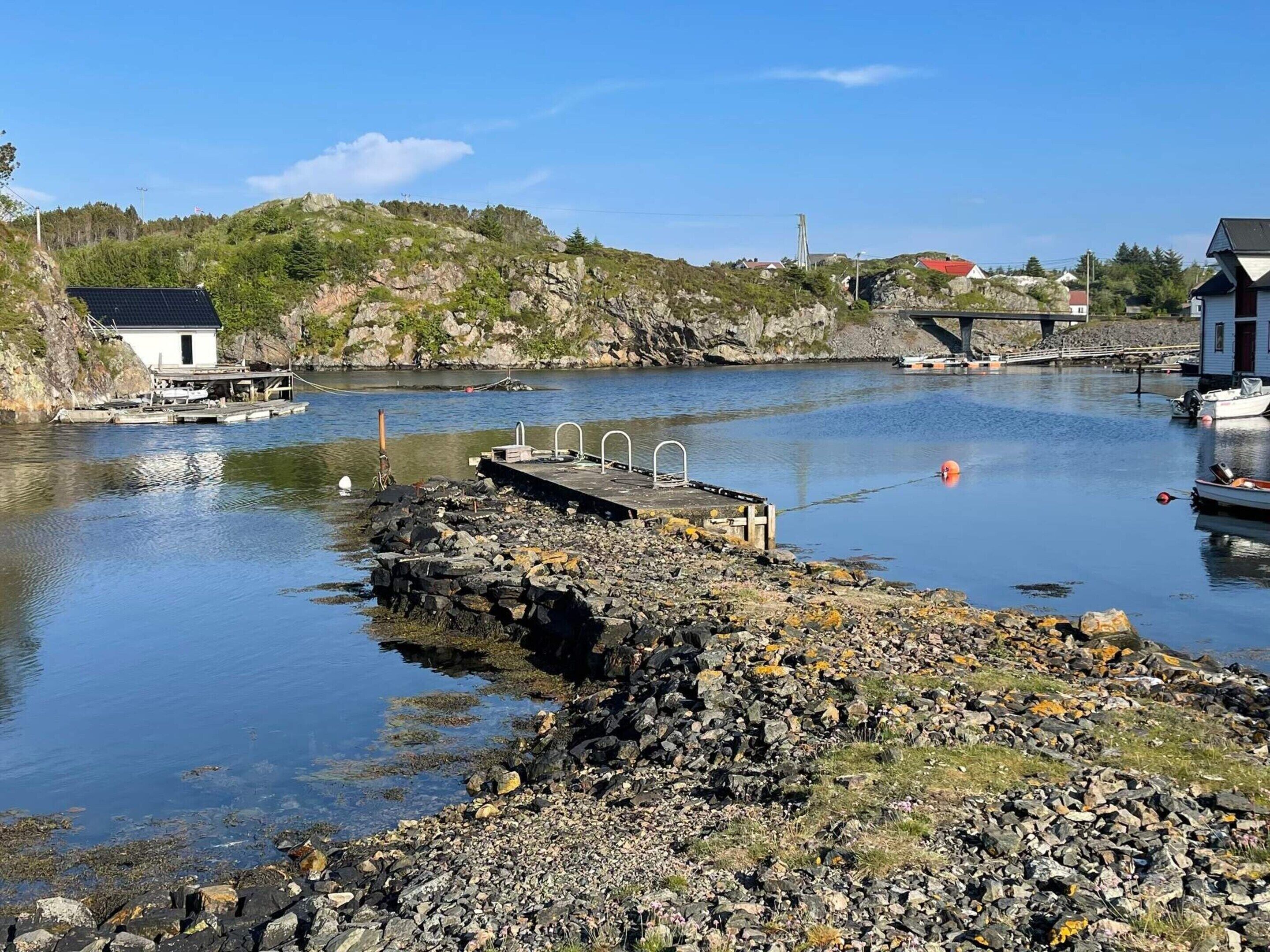 A rocky shoreline with a dock extending into calm water, surrounded by houses and a hill with sparse vegetation.