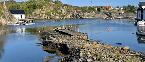 A rocky shoreline with a dock extending into calm water, surrounded by houses and a hill with sparse vegetation.