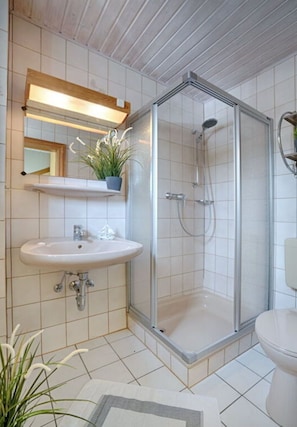 A bathroom with a glass-enclosed shower, a white sink, and a toilet.