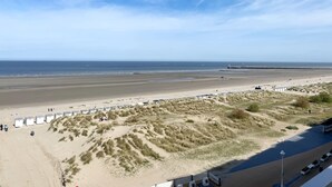 Een strand met duinen, een pier en strandhutten.