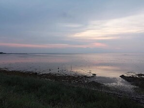 A coastal landscape with a calm sea, grassy foreground, and a distant shoreline.