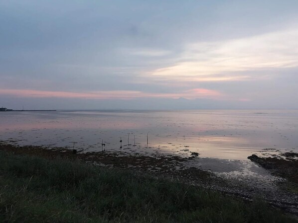 Un paisaje costero con mar tranquilo, primer plano con hierba y una costa distante.