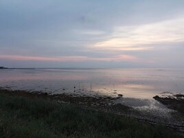 A coastal landscape with a calm sea, grassy foreground, and a distant shoreline.