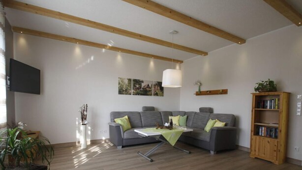 A living room with a grey sofa, wooden beams, a bookshelf, and a flat-screen TV. - Holiday Home Sonnentau (Burg (Spreewald))