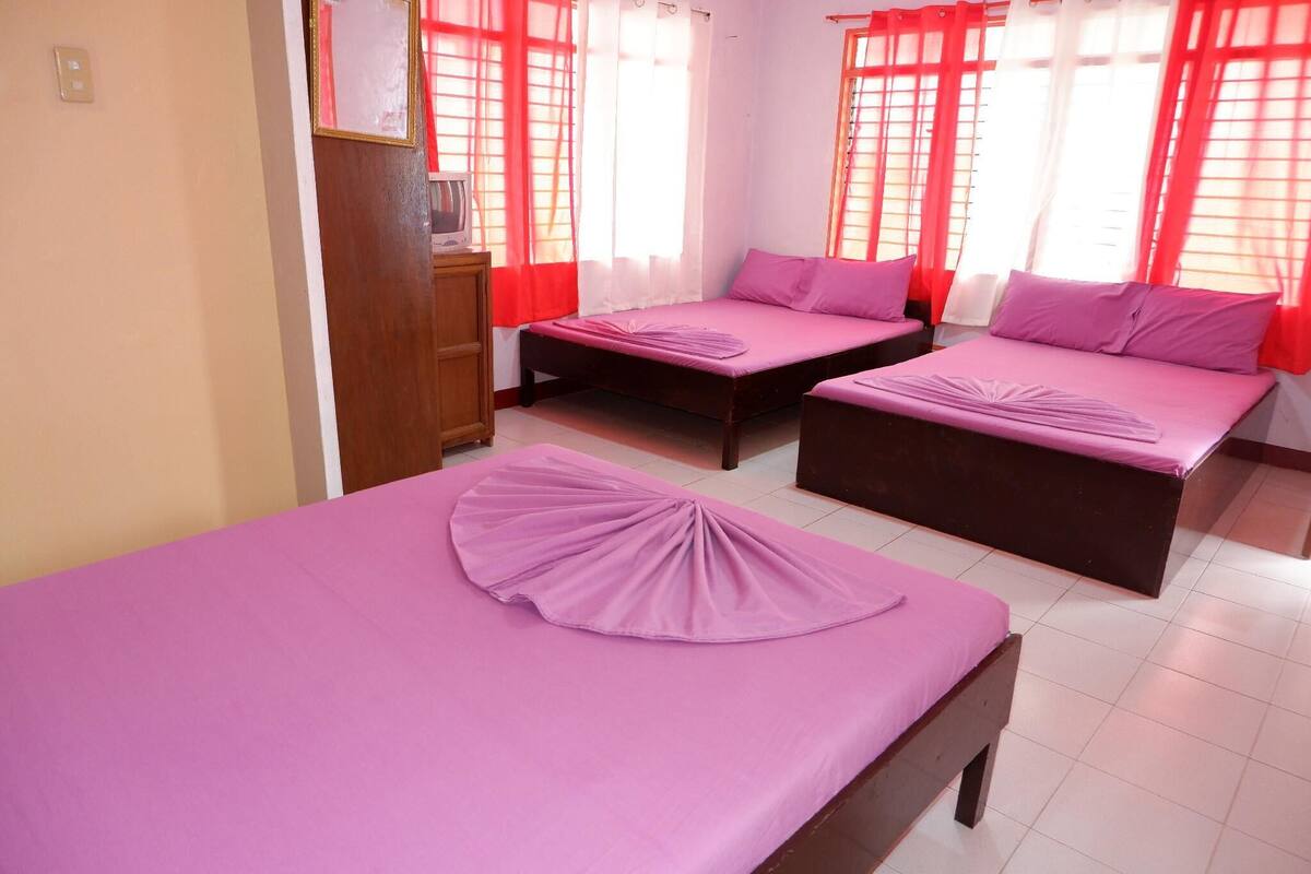 A hotel room with two beds, each with a purple bedspread and pillows. The room has red curtains and a wooden dresser.
