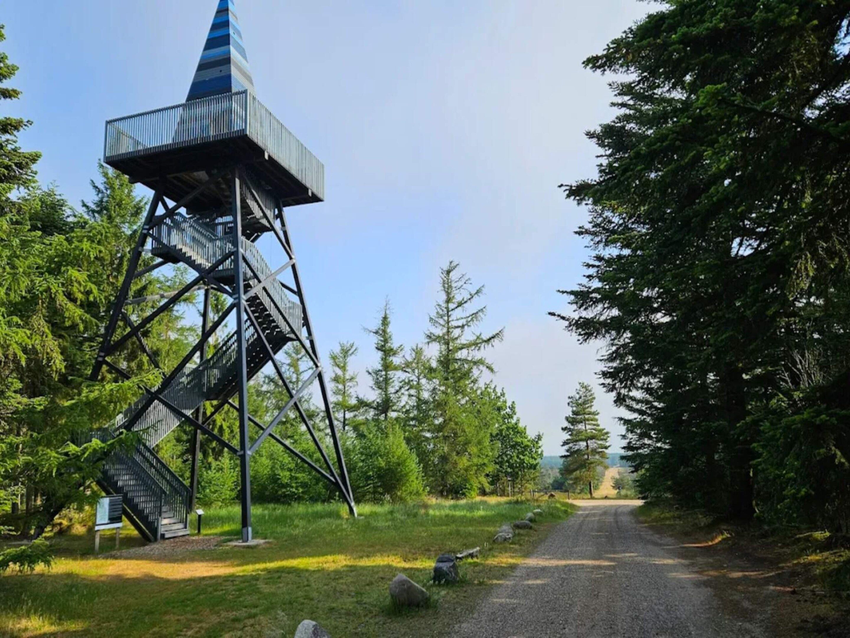 A metal staircase leading to a conical structure in a forested area with a gravel path.