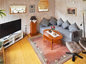 Una sala de estar con televisor, sofá, mesa de centro y un tapete estampado.