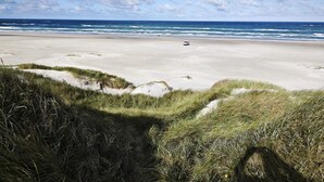 A beach with sand dunes and a vehicle on the beach.