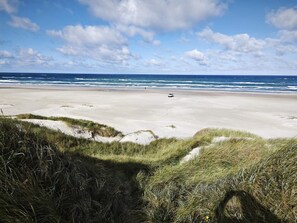 Ein Strand mit Dünen und einem Fahrzeug am Strand.