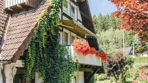 A traditional chalet with a steeply pitched roof, a wooden facade, and a balcony adorned with red flowers. - on the Sunny Slope Modern Retreat (Eslohe)