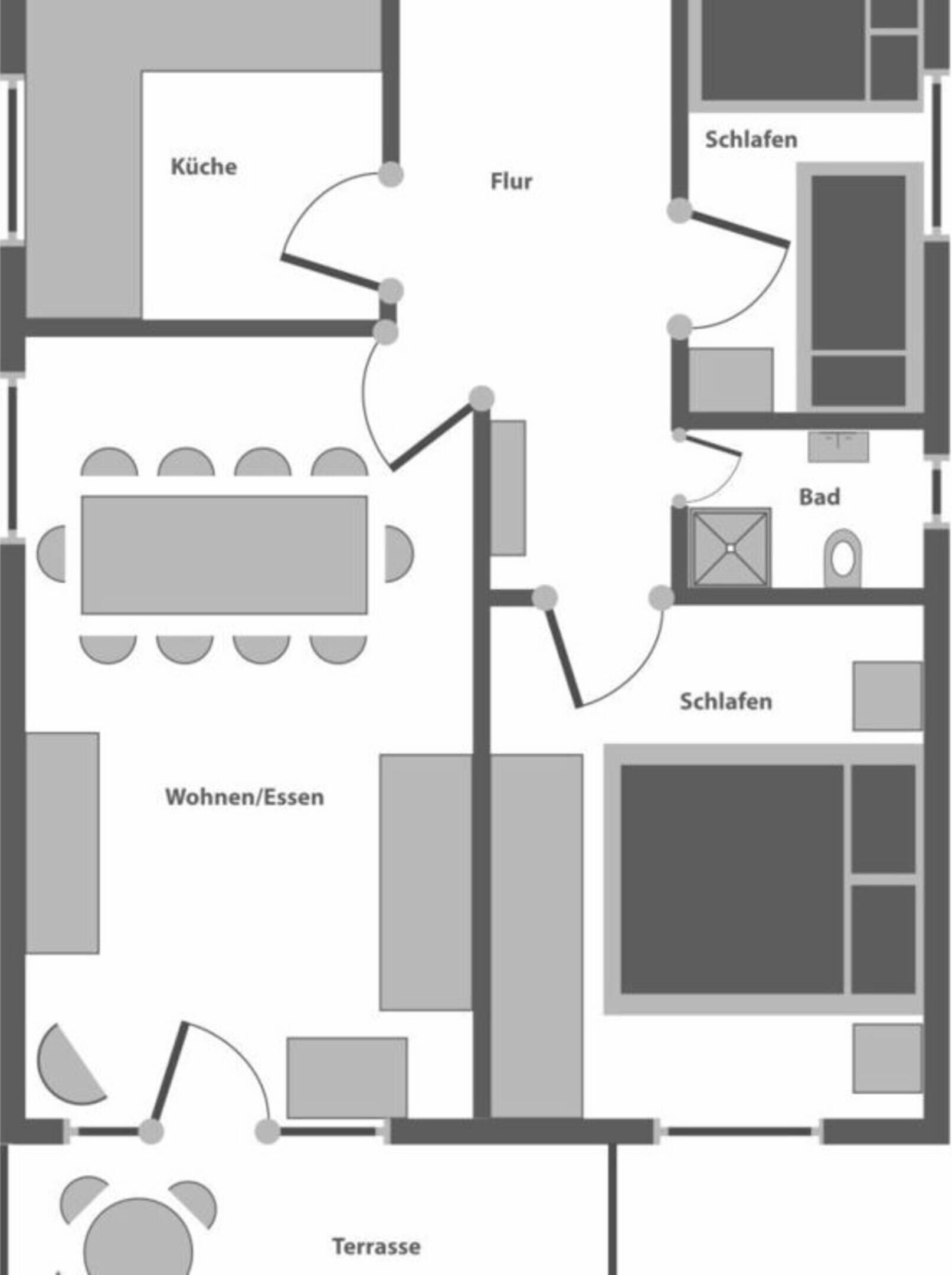 Un plan d’étage d’hôtel comprenant une cuisine, un espace de vie, des chambres, une salle de bain et une terrasse.