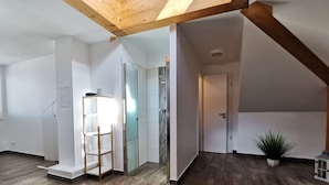 A spacious room with a wooden ceiling, a glass shower enclosure, and a potted plant. - Holiday Apartment Lotte Een (Zingst)