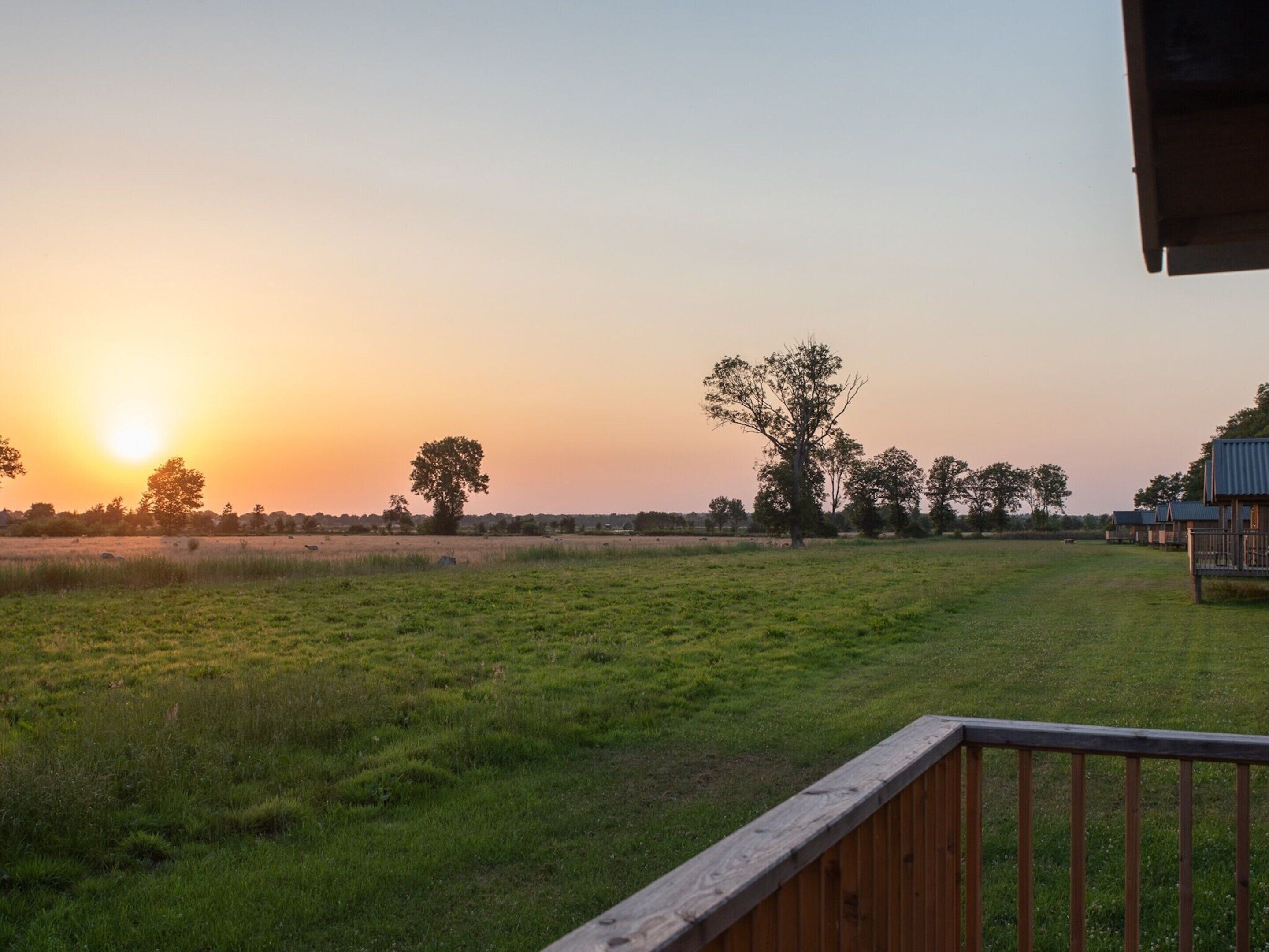 A grassy field with a wooden deck and a building in the background.