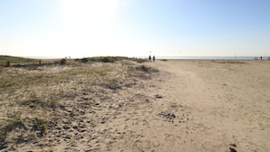 Une plage de sable avec des dunes et un ciel dégagé.