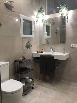 Shower, hair dryer, towels, soap