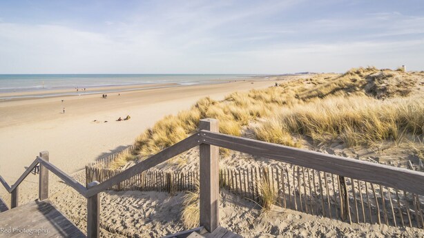 A beach with a wooden staircase leading down to the sand, a sandy dune, and the ocean in the background.