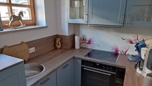 Une cuisine compacte équipée d’un four encastré, d’un évier et d’une fenêtre donnant sur un paysage enneigé.