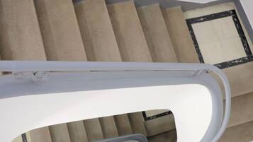 A staircase with beige carpeted steps and a white handrail.