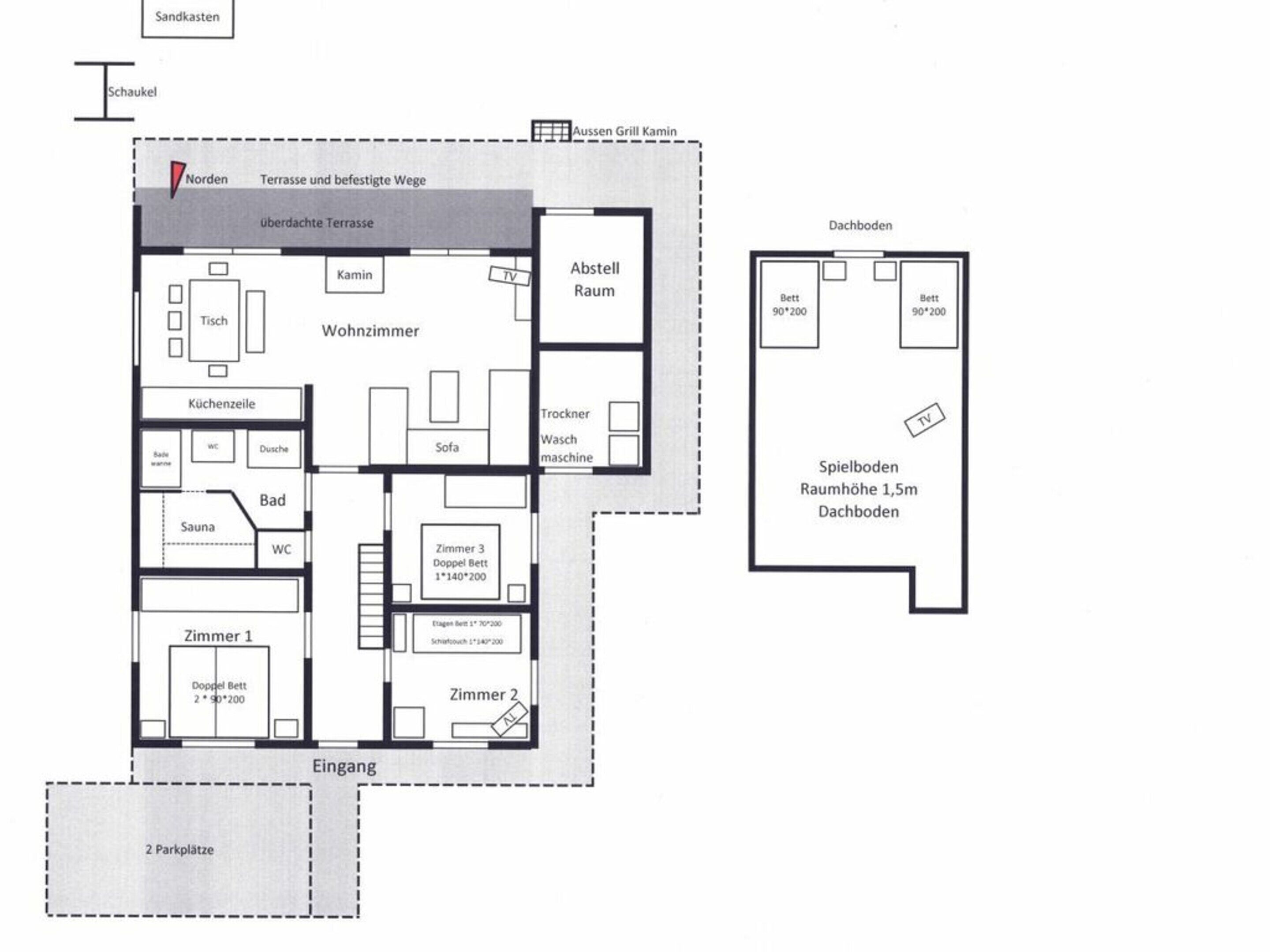 Plano de planta de un hotel que incluye sala de estar, cocina, baño y dos dormitorios.