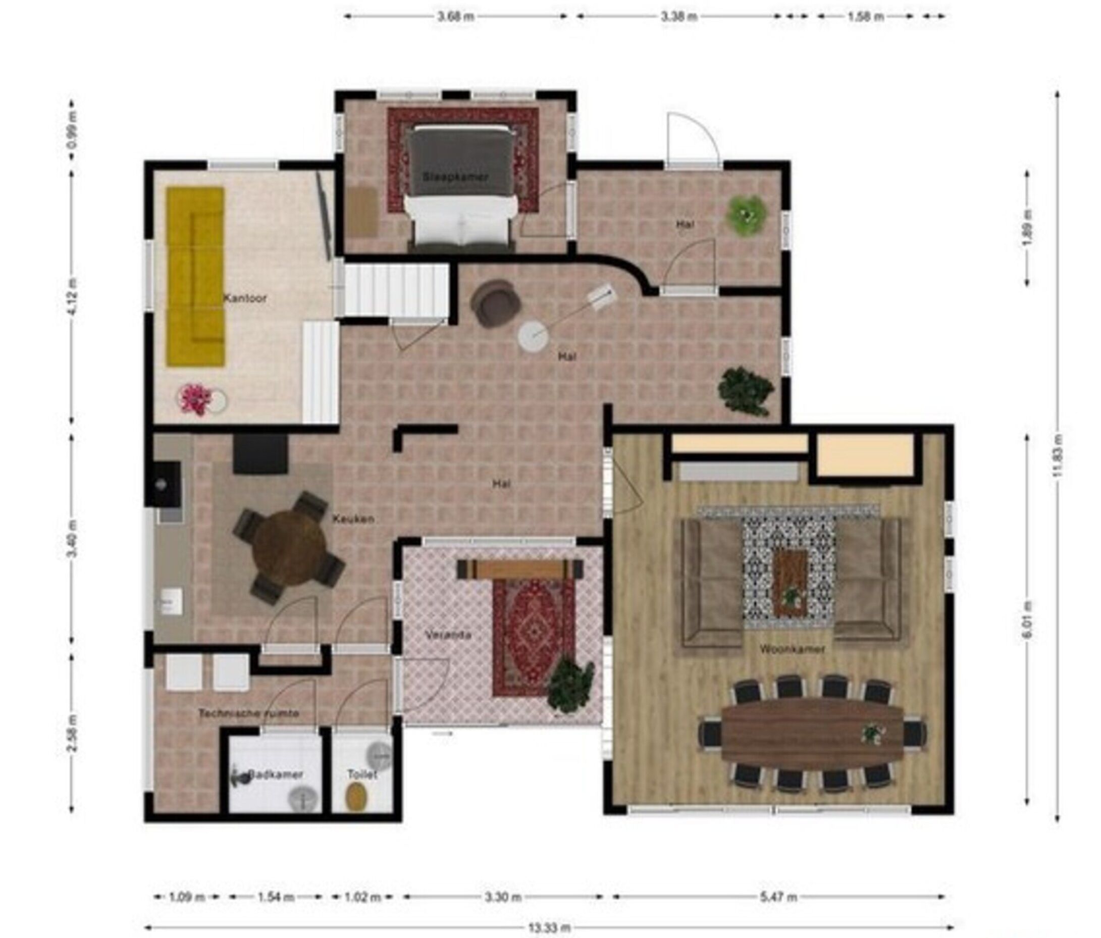 Planta baixa de um hotel com sala de jantar, cozinha, sala de estar e banheiro.