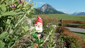 Un giardino con una statuina di gnomo, vegetazione rigogliosa e montagne sullo sfondo.